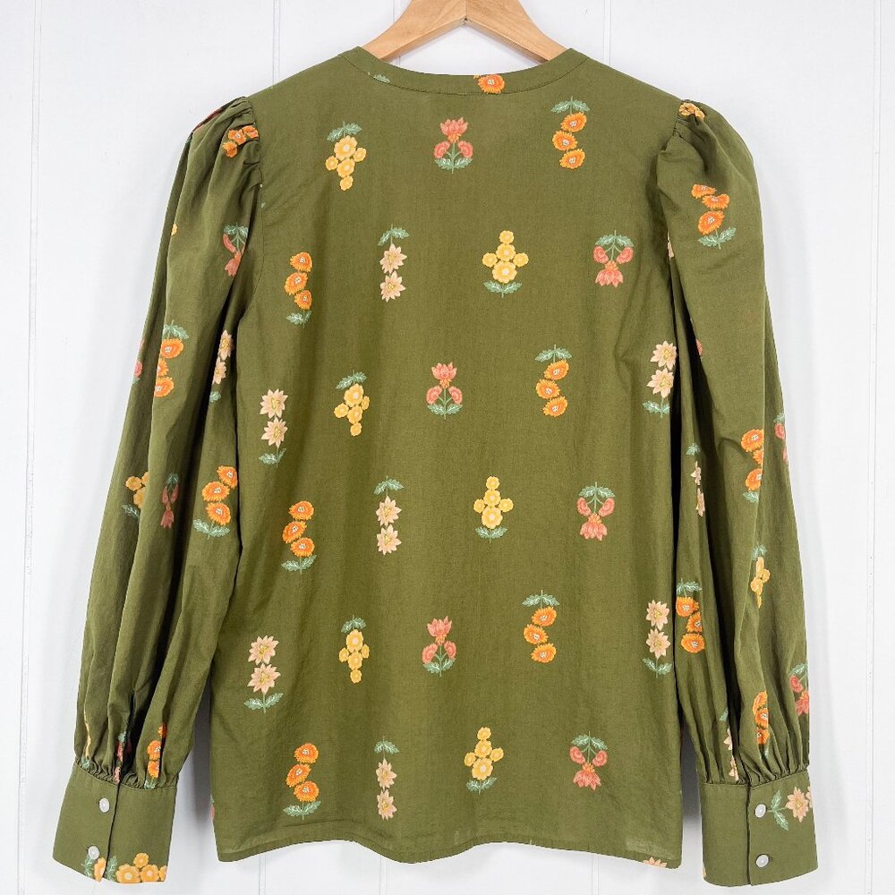 Loft Outlet Floral Button Down Blouse Balloon Sleeve Fall Boho Size Medium Green - Picture 7 of 15